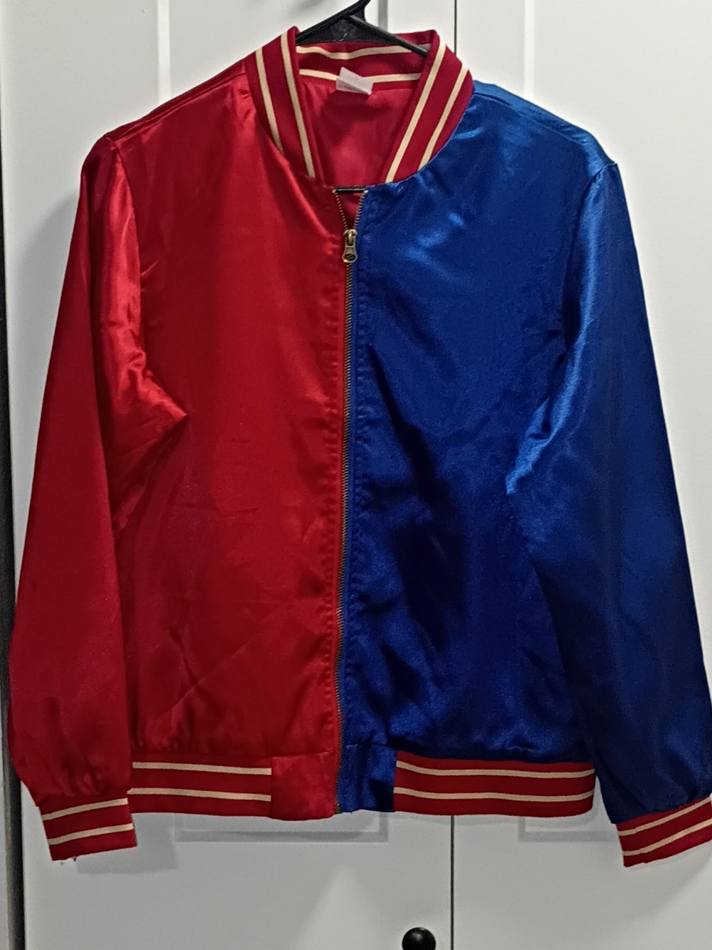 Two-Tone Red and Blue Satin Bomber Jacket